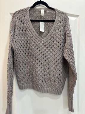 Light Taupe V-Neck crochet Open-Knit Sweater